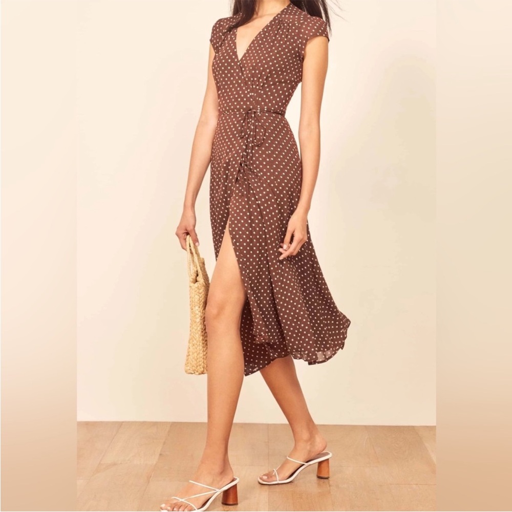 Ref­or­ma­tion Carina Midi Wrap Dress Brown Polka Dot Women’s Size XL